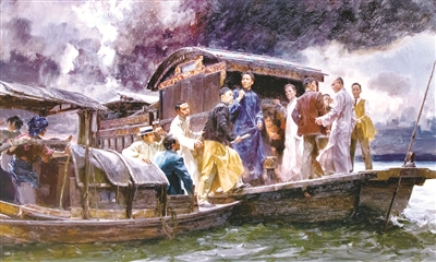 圖①：中國共產(chǎn)黨第一次全國代表大會于1921年7月23日至8月初在上海法租界望志路106號（今興業(yè)路76號）和浙江嘉興召開。圖為油畫《啟航——中共一大會議》。 何紅舟 黃發(fā)祥 作