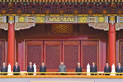 7月1日，慶祝中國(guó)共產(chǎn)黨成立100周年大會(huì)在北京天安門廣場(chǎng)隆重舉行。習(xí)近平、李克強(qiáng)、栗戰(zhàn)書、汪洋、王滬寧、趙樂(lè)際、韓正、王岐山、胡錦濤等出席大會(huì)。 新華社記者 殷博古 攝