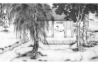 明代仇英的《獨(dú)樂園圖》（局部），圖中著白衣者是司馬光，司馬光在獨(dú)樂園中完成了《資治通鑒》。（資料圖片）