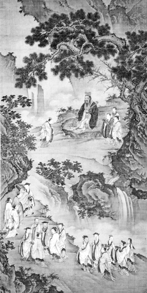 孔子講學圖軸，繪孔子于山林瀑布之間講學的情景，現藏于孔子博物館?？鬃邮殖秩缫?，懷攬憑幾，端坐在松杏之下的平石上。其前一弟子躬身請教，其左則有侍立弟子三人。另外的十六名弟子沿山道而上，彼此顧盼，交談自若。（資料圖片）